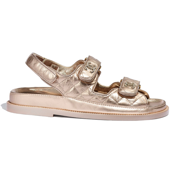 Chanel 21C Bronze Quilted Chain CC Logo Mule Slide Strap Flat Teva Dad Sandal 35 - Picture 1 of 11